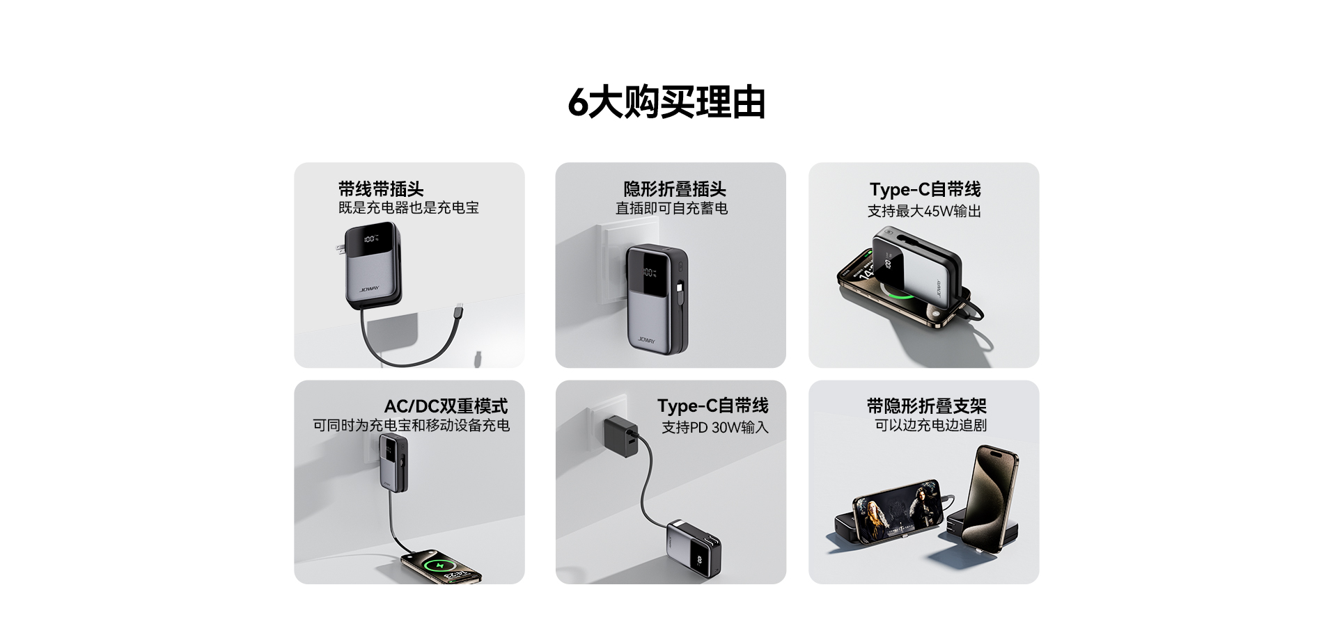 隐形折叠插头，直插即可自充蓄电；Type-C自带线支持PD 30W输入；Type-C自带线支持最大45W输出；带隐形折叠支架，可以边充电边追剧