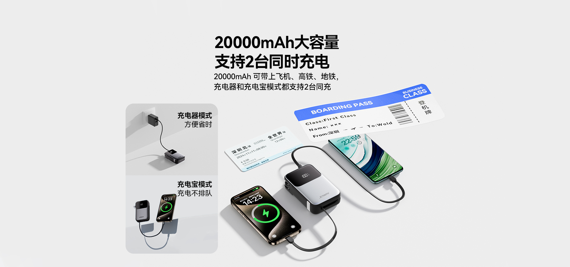 20000mAh大容量，支持2台同时充电